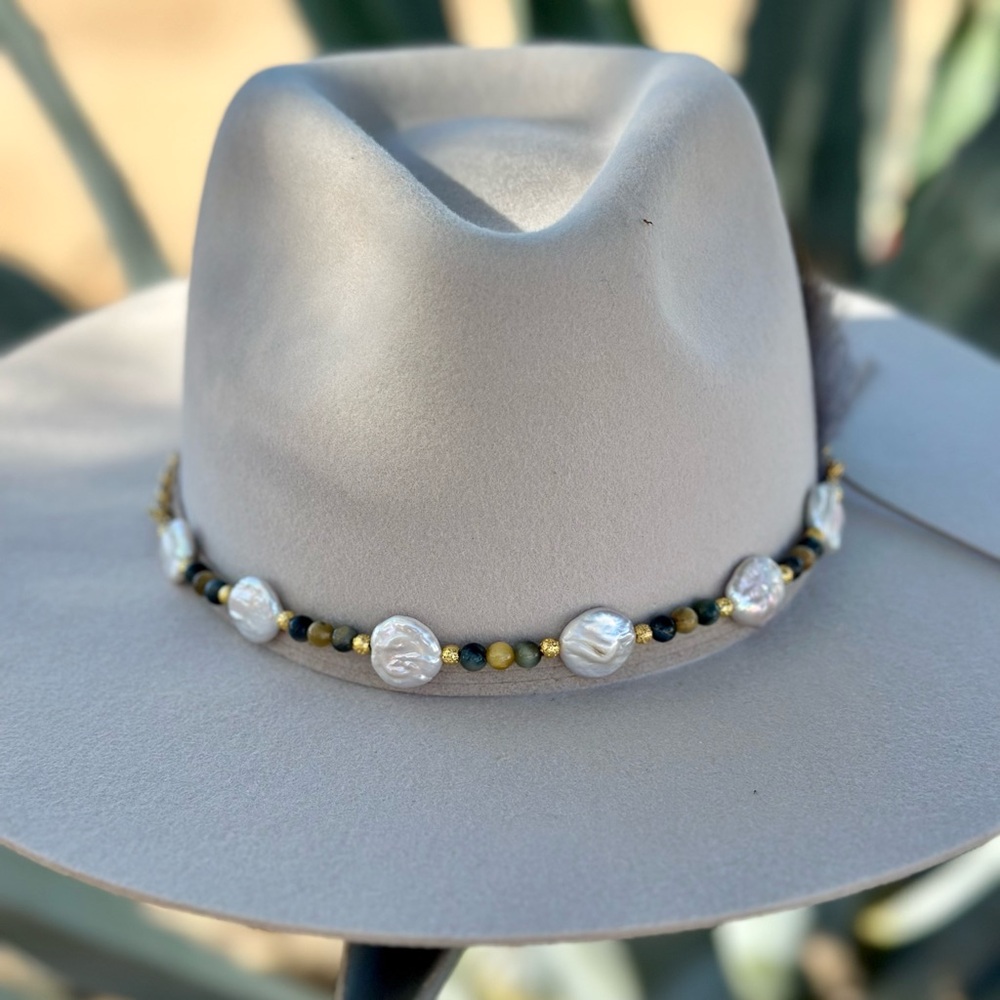 Freshwater Pearl and Tigers Eye Hat Band - Picture 9 of 10